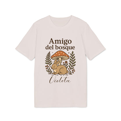 Alt Tag: Amigo Bosque Personalizado Nombre Premium Unisex T-Shirt beige con conejo y hongo, texto “Amigo del bosque” y nombre “Violeta”
