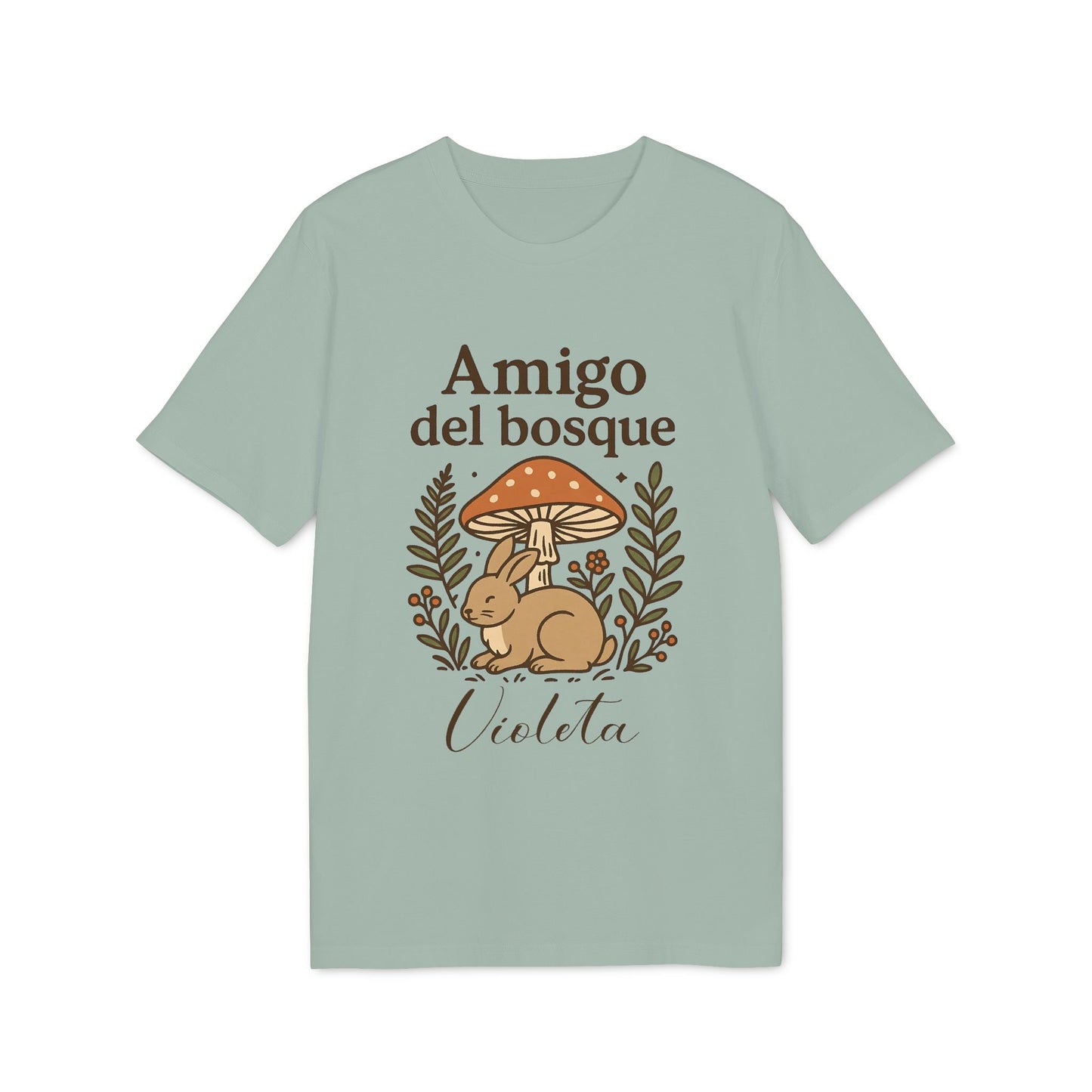 Alt Tag: Amigo Bosque Personalizado Nombre Premium Unisex T-Shirt camiseta unisex verde salvia con conejo, hongos y nombre personalizado “Violeta”