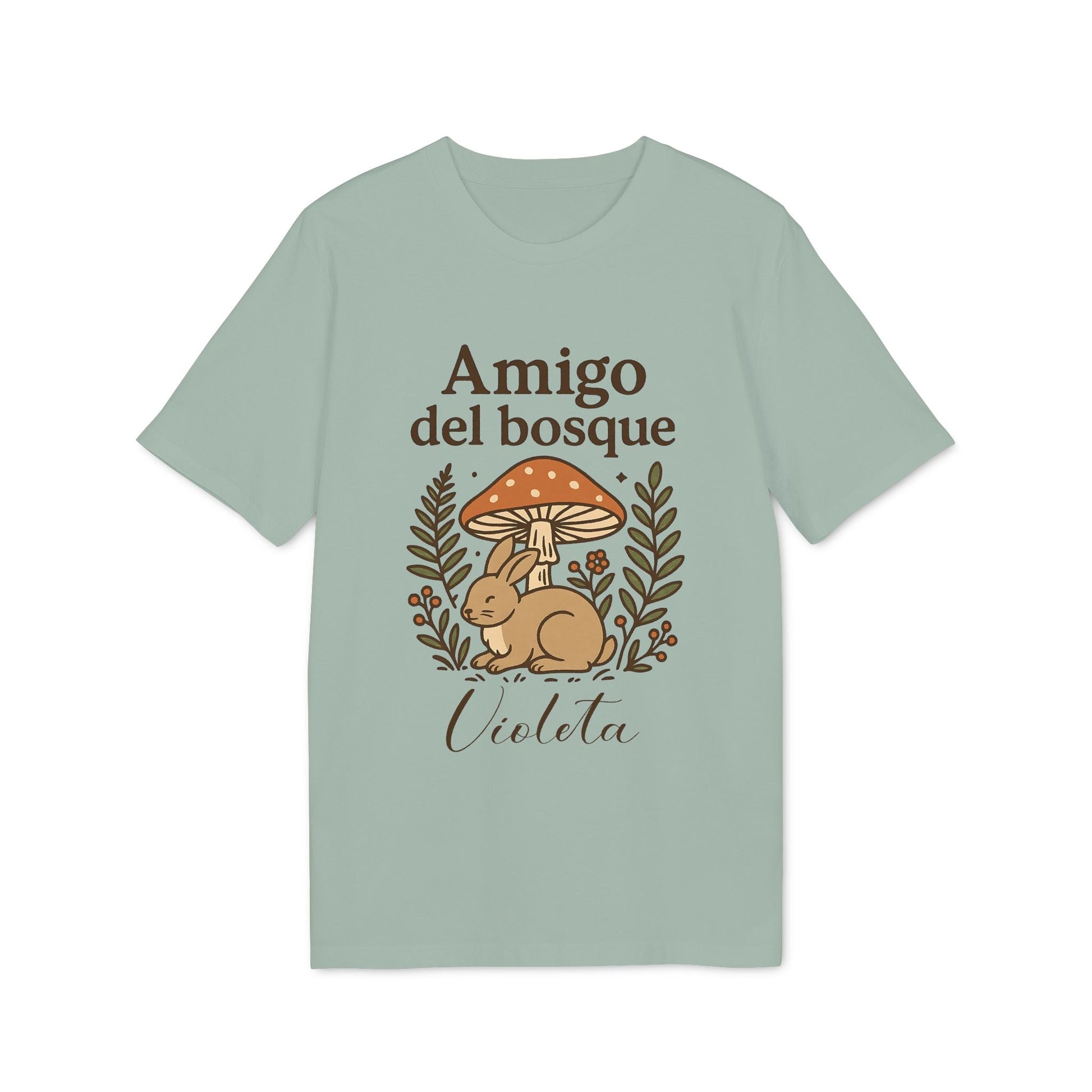 Alt Tag: Amigo Bosque Personalizado Nombre Premium Unisex T-Shirt camiseta unisex verde salvia con conejo, hongos y nombre personalizado “Violeta”