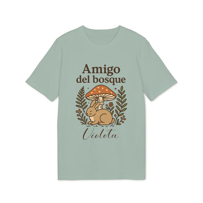 Alt Tag: Amigo Bosque Personalizado Nombre Premium Unisex T-Shirt camiseta unisex verde salvia con conejo, hongos y nombre personalizado “Violeta”
