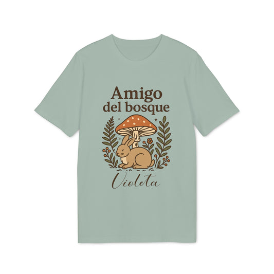 Alt Tag: Amigo Bosque Personalizado Nombre Premium Unisex T-Shirt camiseta unisex verde salvia con conejo, hongos y nombre personalizado “Violeta”