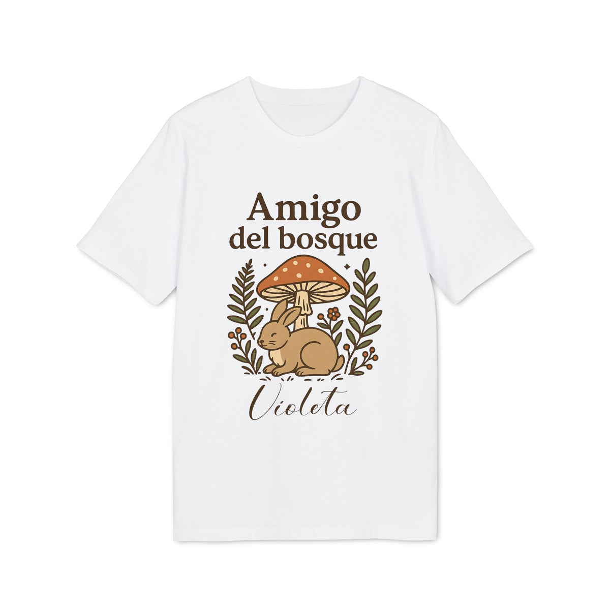 Alt Tag: Amigo Bosque Personalizado Nombre Premium Unisex T-Shirt camiseta blanca unisex con ilustración conejo y hongos, nombre Violeta