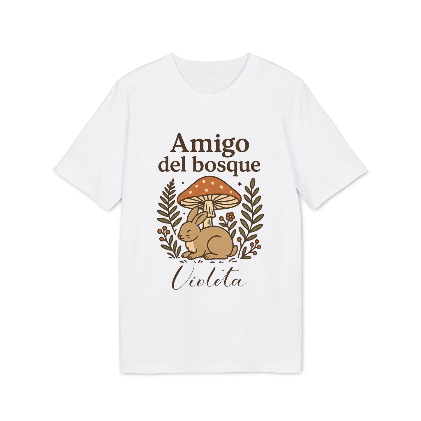 Alt Tag: Amigo Bosque Personalizado Nombre Premium Unisex T-Shirt camiseta blanca unisex con ilustración conejo y hongos, nombre Violeta