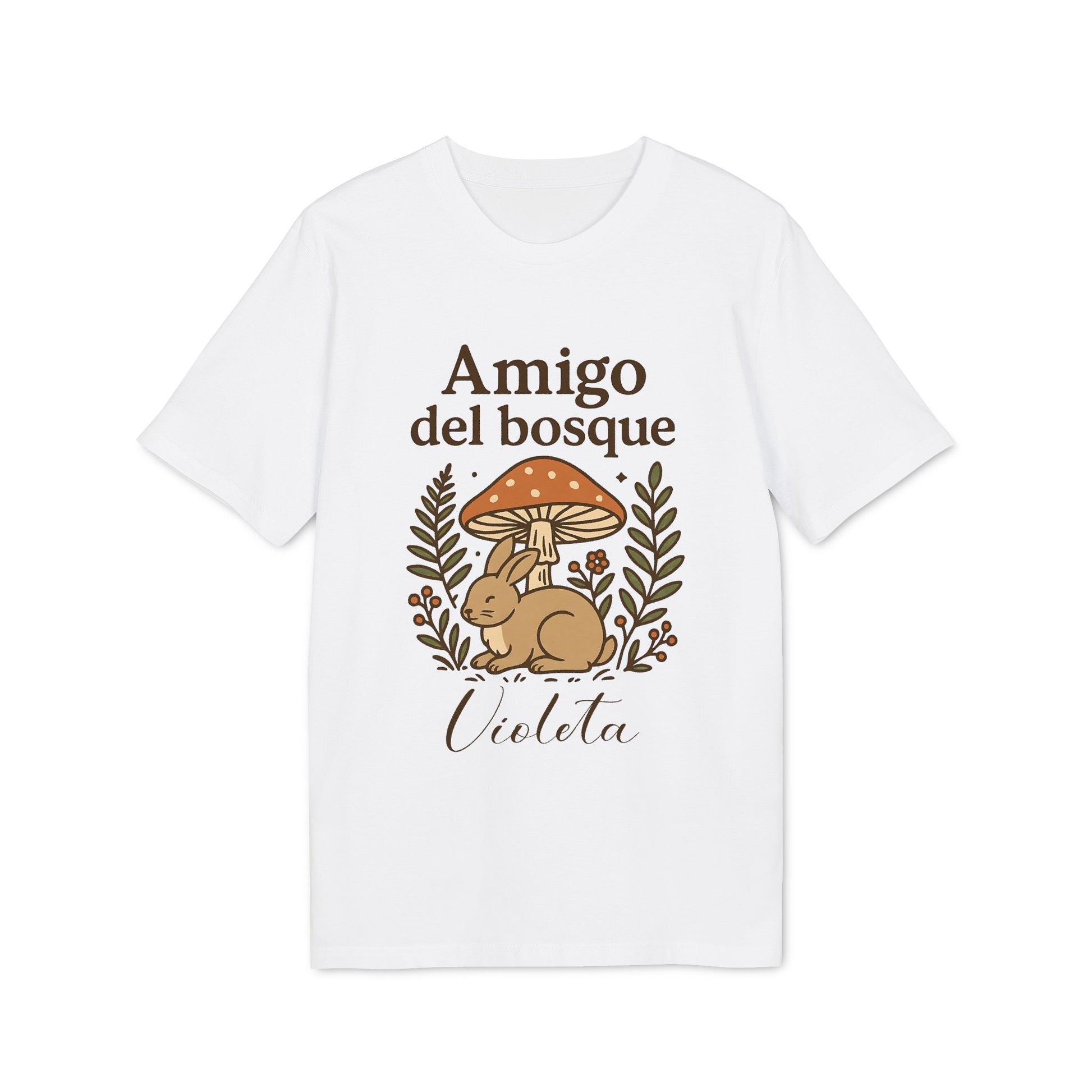 Alt Tag: Amigo Bosque Personalizado Nombre Premium Unisex T-Shirt camiseta blanca unisex con ilustración conejo y hongos, nombre Violeta