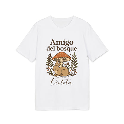 Alt Tag: Amigo Bosque Personalizado Nombre Premium Unisex T-Shirt camiseta blanca unisex con ilustración conejo y hongos, nombre Violeta