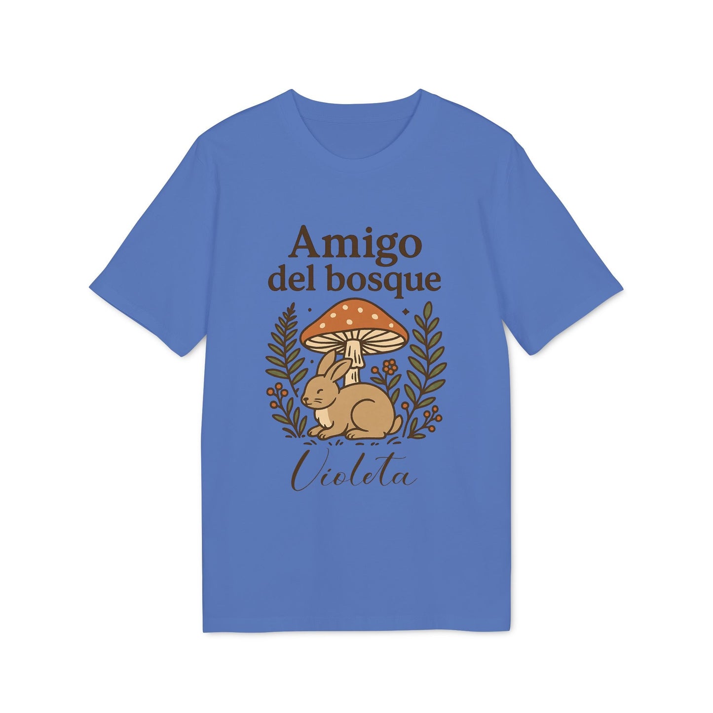 Amigo Bosque Personalizado Nombre Premium Unisex T-Shirt azul con diseño de conejo y hongo, texto "Amigo del bosque" y nombre Violeta