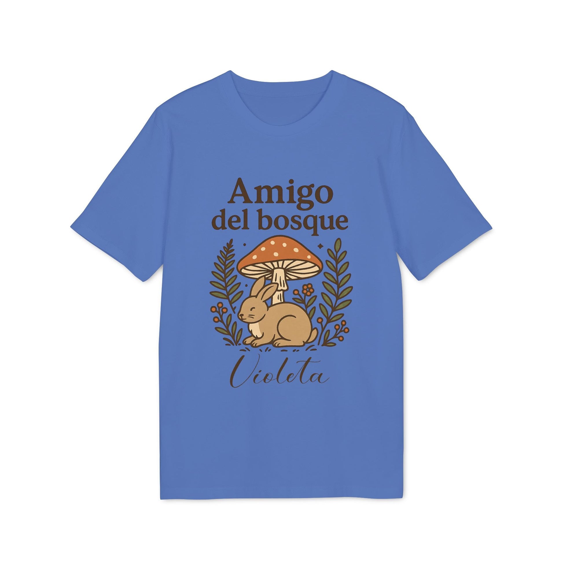 Amigo Bosque Personalizado Nombre Premium Unisex T-Shirt azul con diseño de conejo y hongo, texto "Amigo del bosque" y nombre Violeta