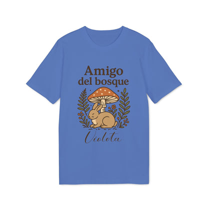 Amigo Bosque Personalizado Nombre Premium Unisex T-Shirt azul con diseño de conejo y hongo, texto "Amigo del bosque" y nombre Violeta