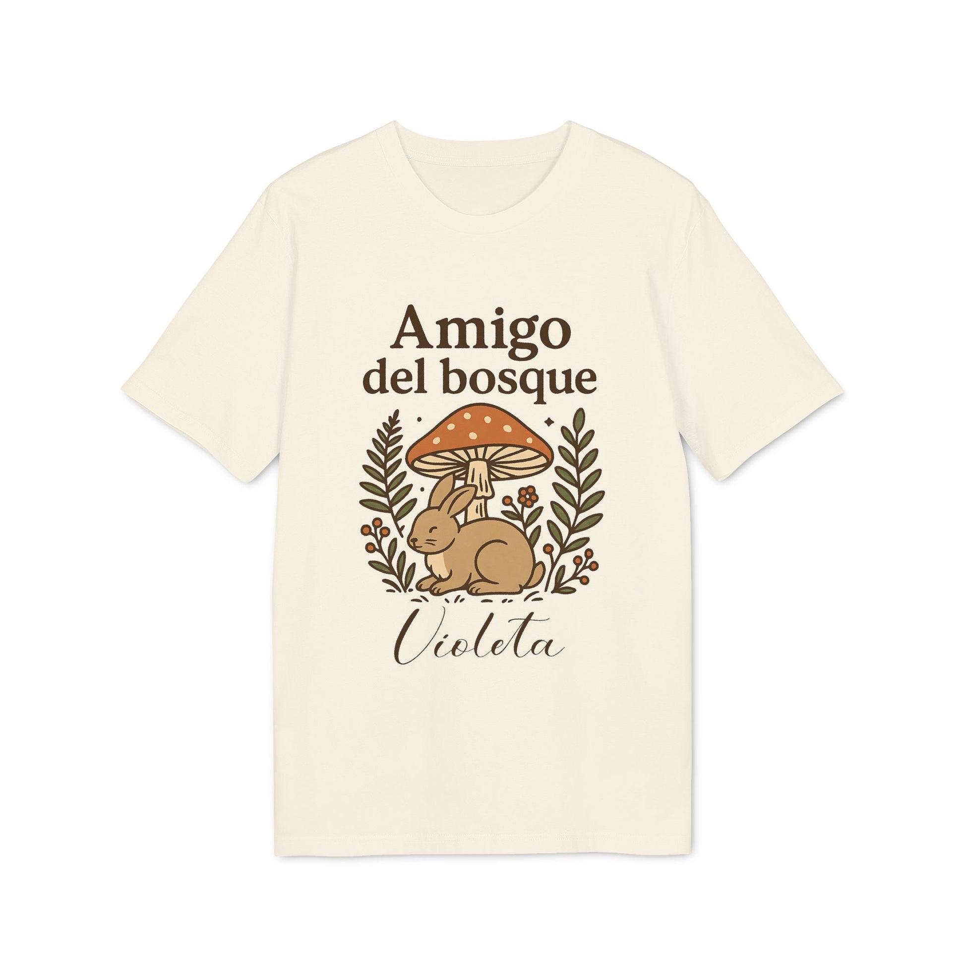Amigo Bosque Personalizado Nombre Premium Unisex T-Shirt color crema con diseño “Amigo del bosque”, conejo, hongo y nombre Violeta