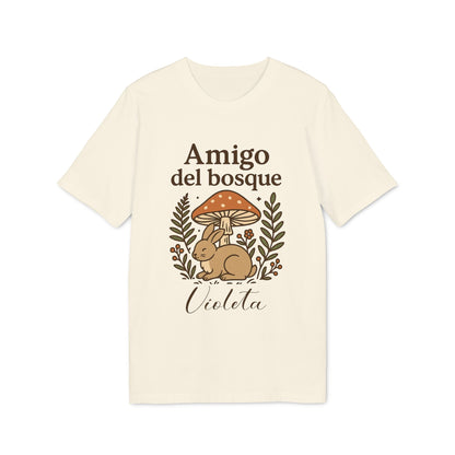 Amigo Bosque Personalizado Nombre Premium Unisex T-Shirt color crema con diseño “Amigo del bosque”, conejo, hongo y nombre Violeta