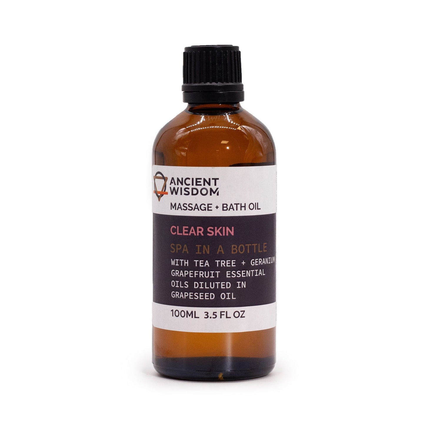 Alt Tag: Clear Skin Massage Oil – 100 ML botella de aceite de masaje Ancient Wisdom con aceites esenciales de árbol de té, geranio y pomelo