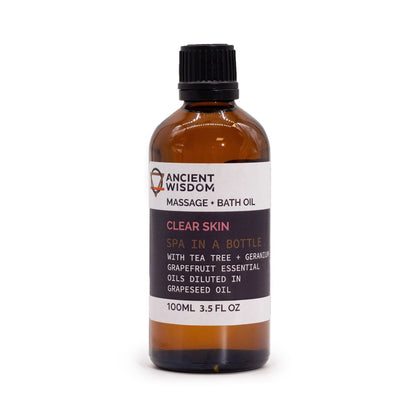 Alt Tag: Clear Skin Massage Oil – 100 ML botella de aceite de masaje Ancient Wisdom con aceites esenciales de árbol de té, geranio y pomelo