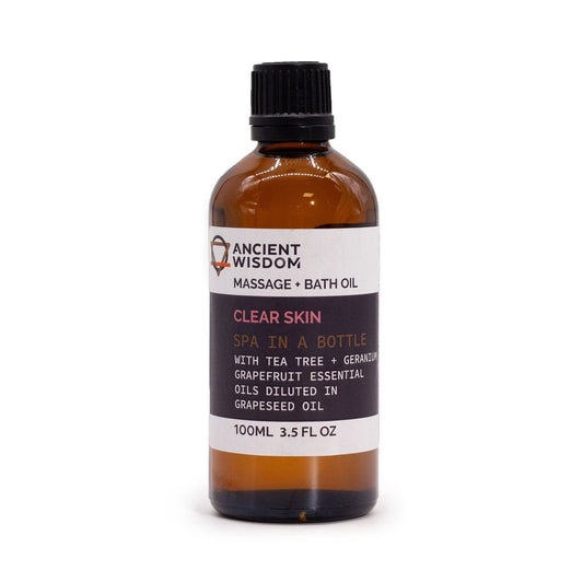 Alt-tagg: Clear Skin massageolja – 100 ML flaska massageolja från Ancient Wisdom med eteriska oljor av tea tree, geranium och grapefrukt