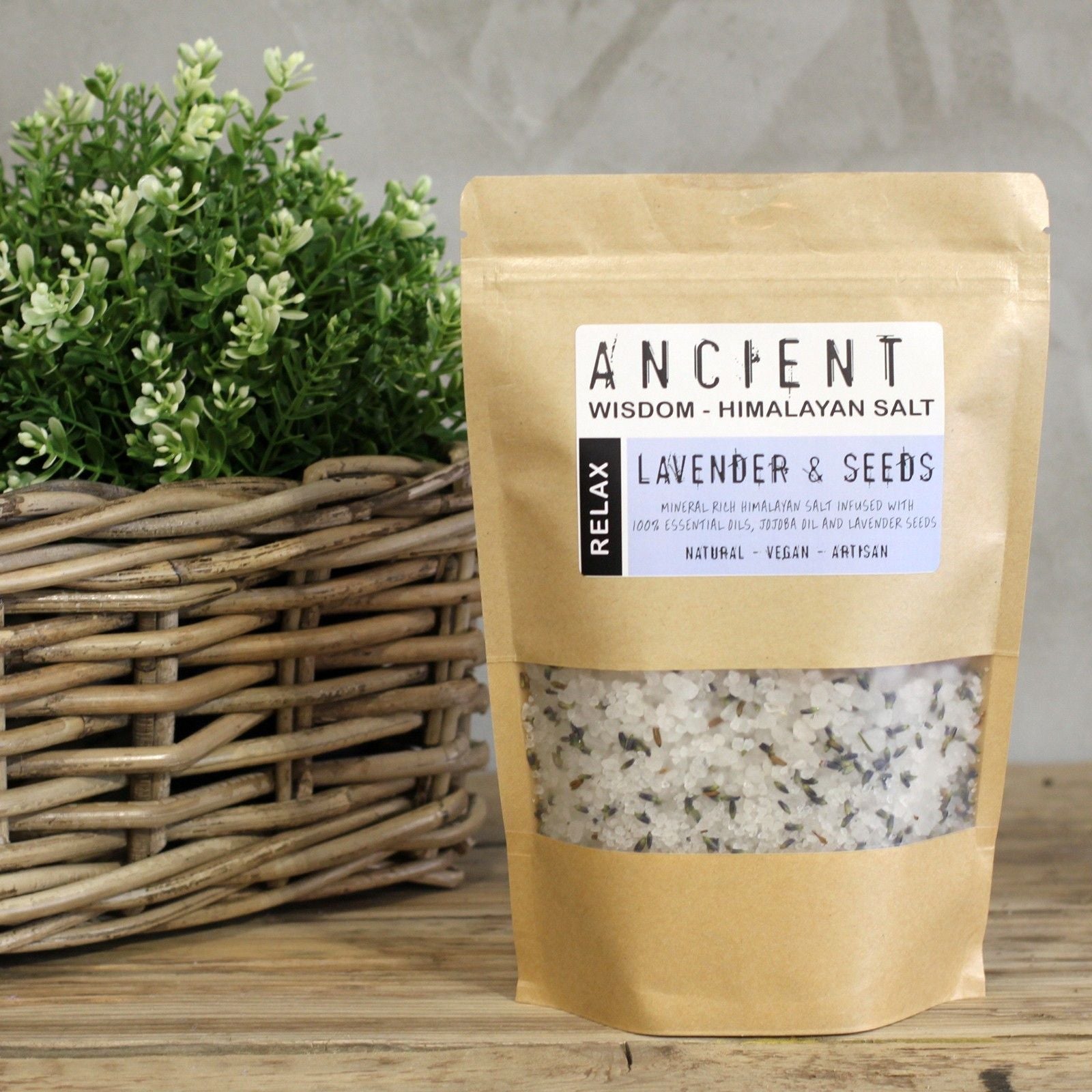 Alt Tag: Lavender Himalayan Bath Salt – Relax 500G stand-up pouch of Himalayan salt blend with lavender seeds on wooden surface
