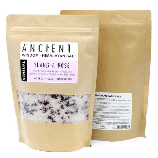 Alt Tag: Sales de baño sensuales del Himalaya – 500G, bolsa de sal del Himalaya con ylang-ylang y rosa, 500 g, Ancient Wisdom