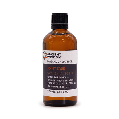 Joints Comfort Massage Oil – 100 ML bottle, massage + bath oil with rosemary, ginger and geranium essential oils diluted in grapeseed oil
