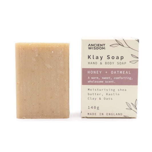 Alt Tag: Kaolin Clay Soap – Honey Oatmeal 145G barra de jabón y caja Ancient Wisdom, hand & body soap honey + oatmeal 140g