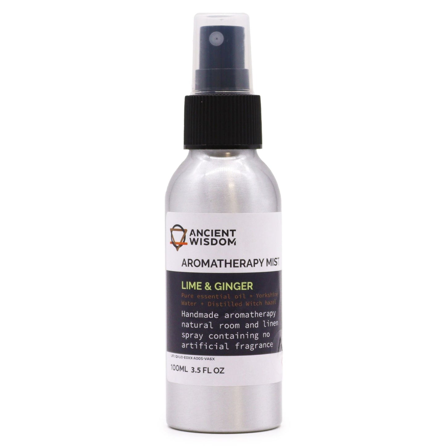 Alt Tag: Lime & Ginger Essential Oil Mist – 100ML aromatherapy mist spray bottle, 100ml, Ancient Wisdom label