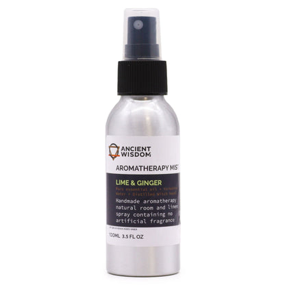 Alt Tag: Lime & Ginger Essential Oil Mist – 100ML aromatherapy mist spray bottle, 100ml, Ancient Wisdom label