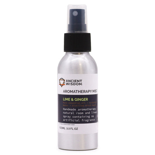 Alt Tag: Lime & Ginger Essential Oil Mist – 100ML aromatherapy mist spray bottle, 100ml, Ancient Wisdom label