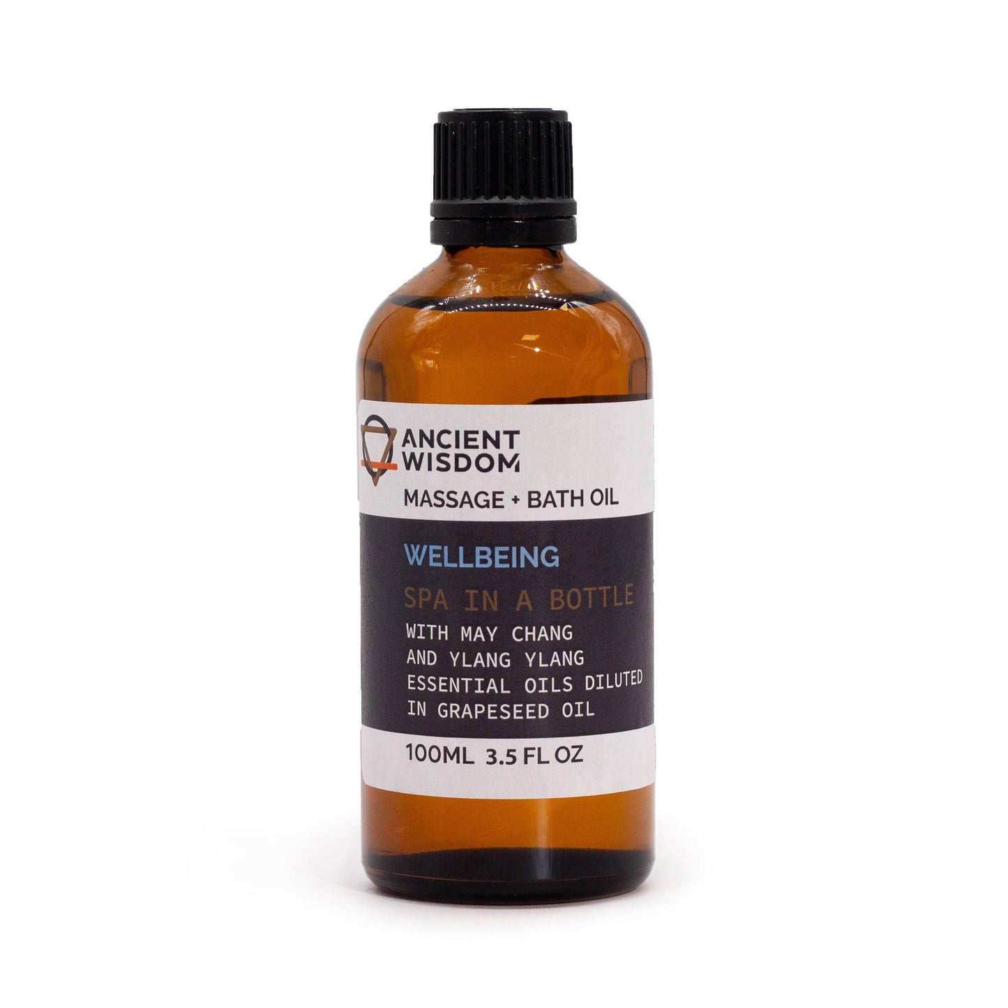 Alt-tag: May Chang Massage Oil – 100 ML i bärnstensfärgad flaska från Ancient Wisdom, massage- och badolja med may chang, ylang ylang och druvkärnolja