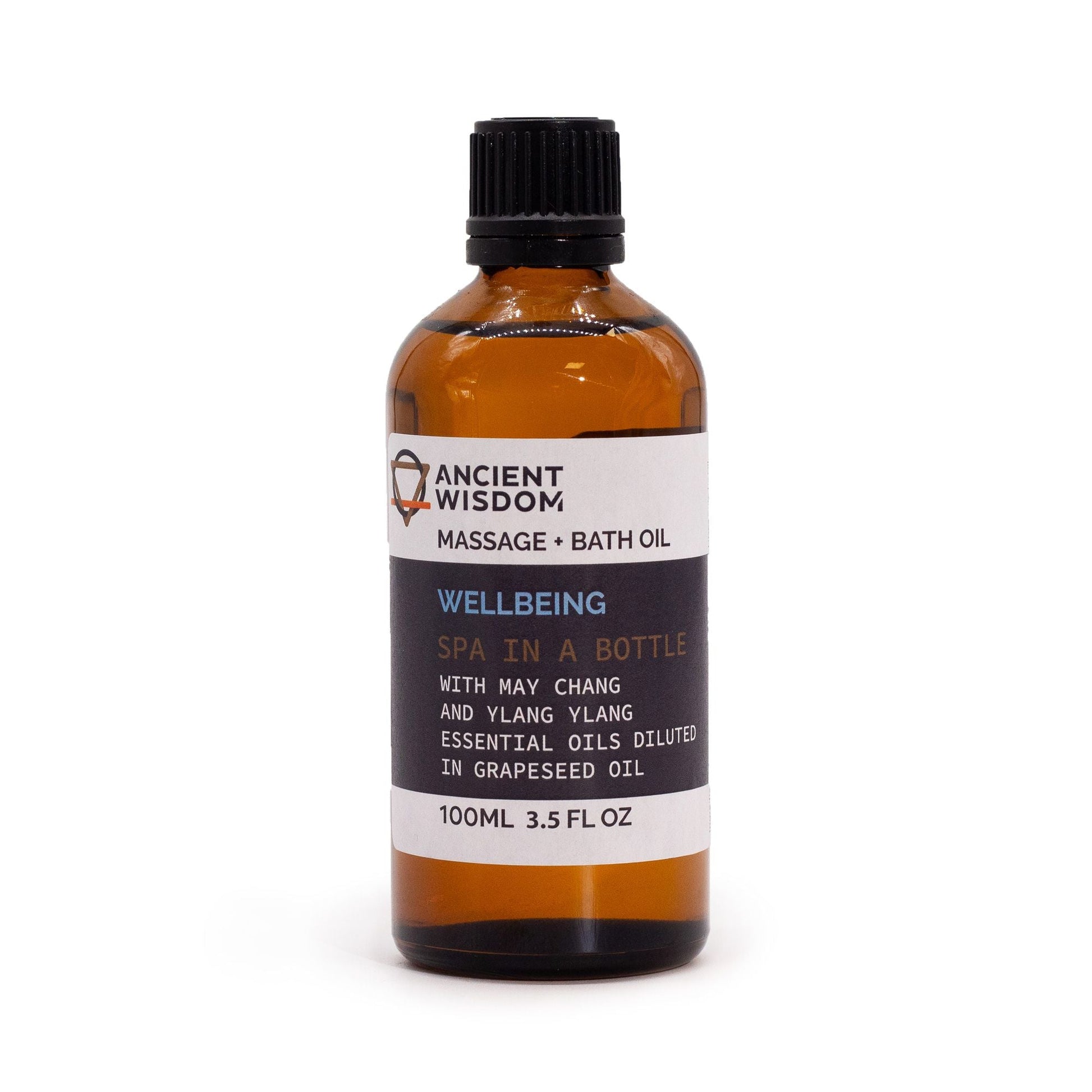Alt-tag: May Chang Massage Oil – 100 ML i bärnstensfärgad flaska från Ancient Wisdom, massage- och badolja med may chang, ylang ylang och druvkärnolja