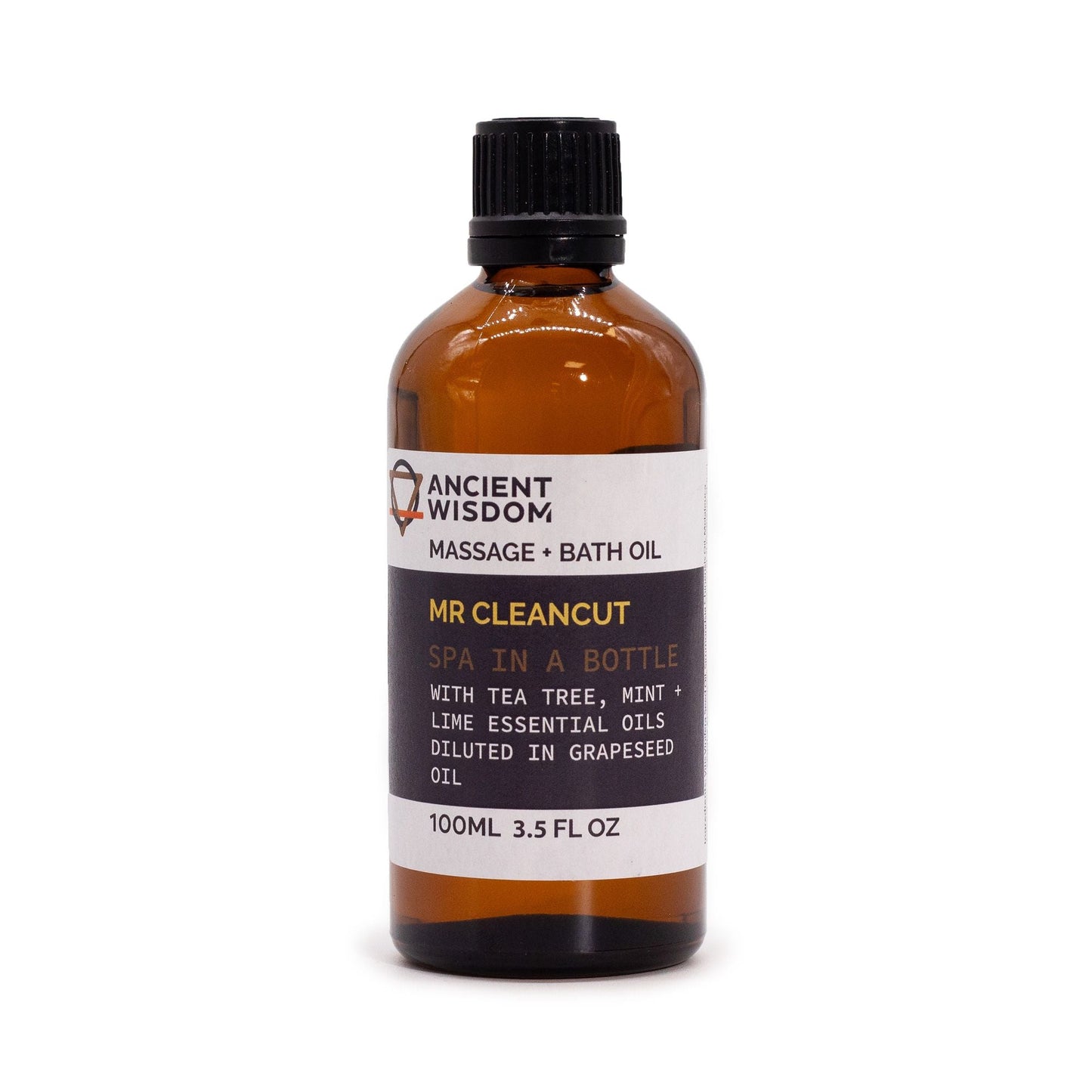 Jojoba rakolja – 100ML Tea Tree & Lime, bärnstensfärgad flaska med rakolja med etikett och svart lock