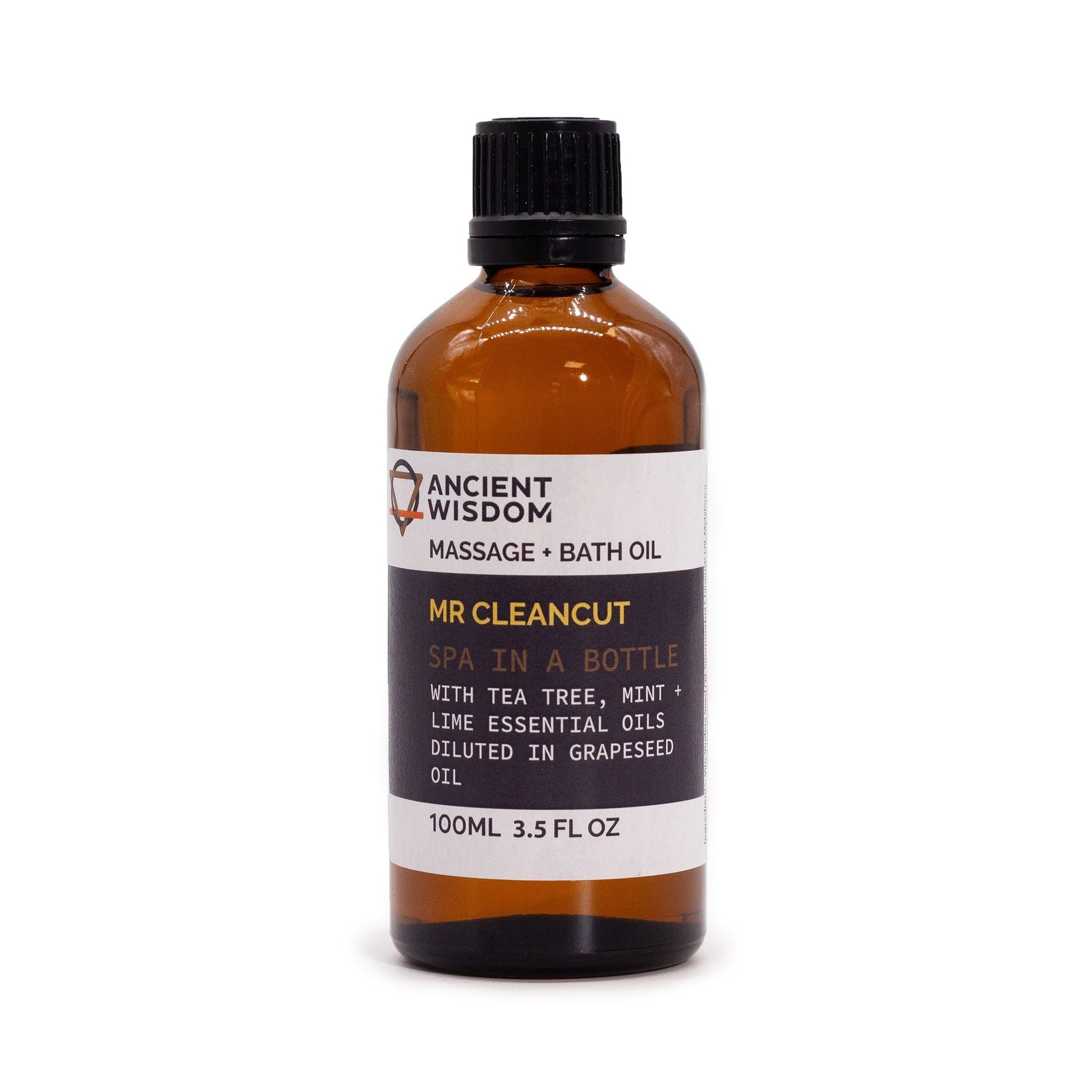 Jojoba rakolja – 100ML Tea Tree & Lime, bärnstensfärgad flaska med rakolja med etikett och svart lock