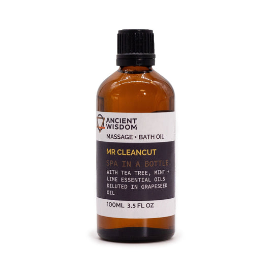 Jojoba rakolja – 100ML Tea Tree & Lime, bärnstensfärgad flaska med rakolja med etikett och svart lock