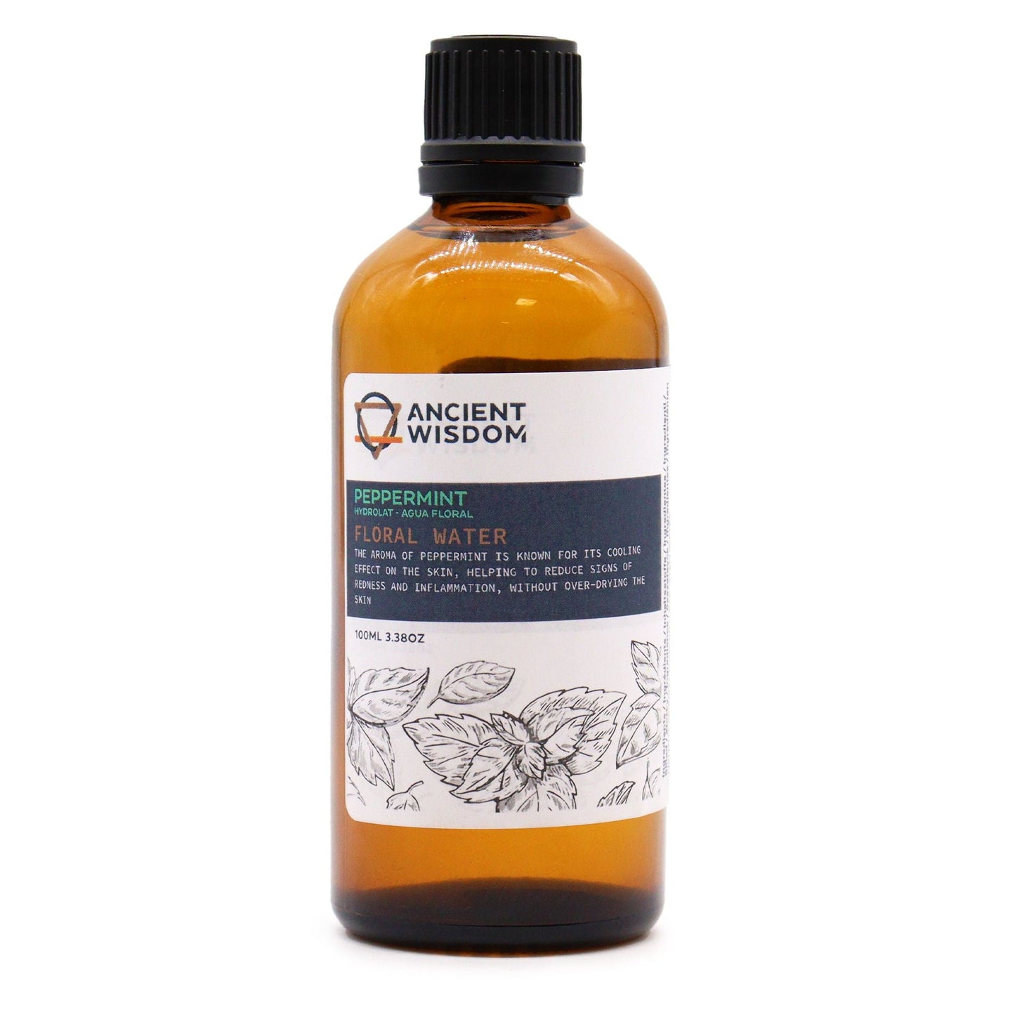 Revitalizing Peppermint Hydrolat – 100ML botella ámbar con tapa negra, agua floral de menta (peppermint) Ancient Wisdom, vista frontal