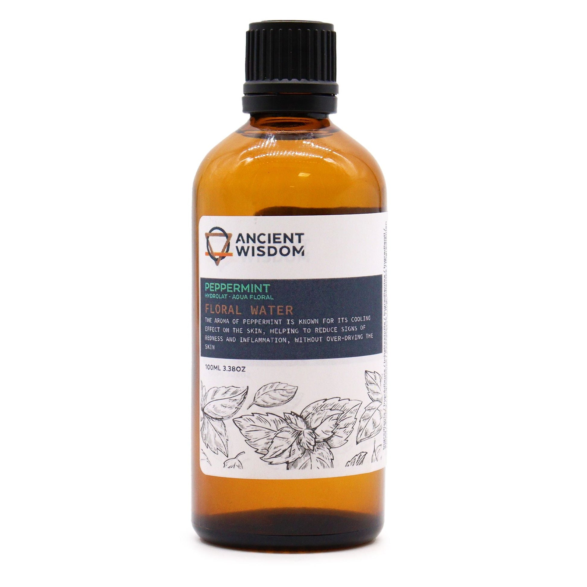Revitalizing Peppermint Hydrolat – 100ML botella ámbar con tapa negra, agua floral de menta (peppermint) Ancient Wisdom, vista frontal