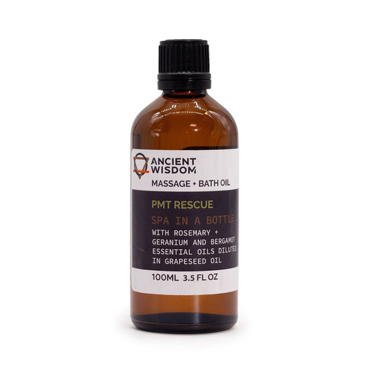 Massageolja med rosmarin & geranium – 100 ML bärnstensfärgad glasflaska med svart lock, massage- och badolja, 100 ml-etikett