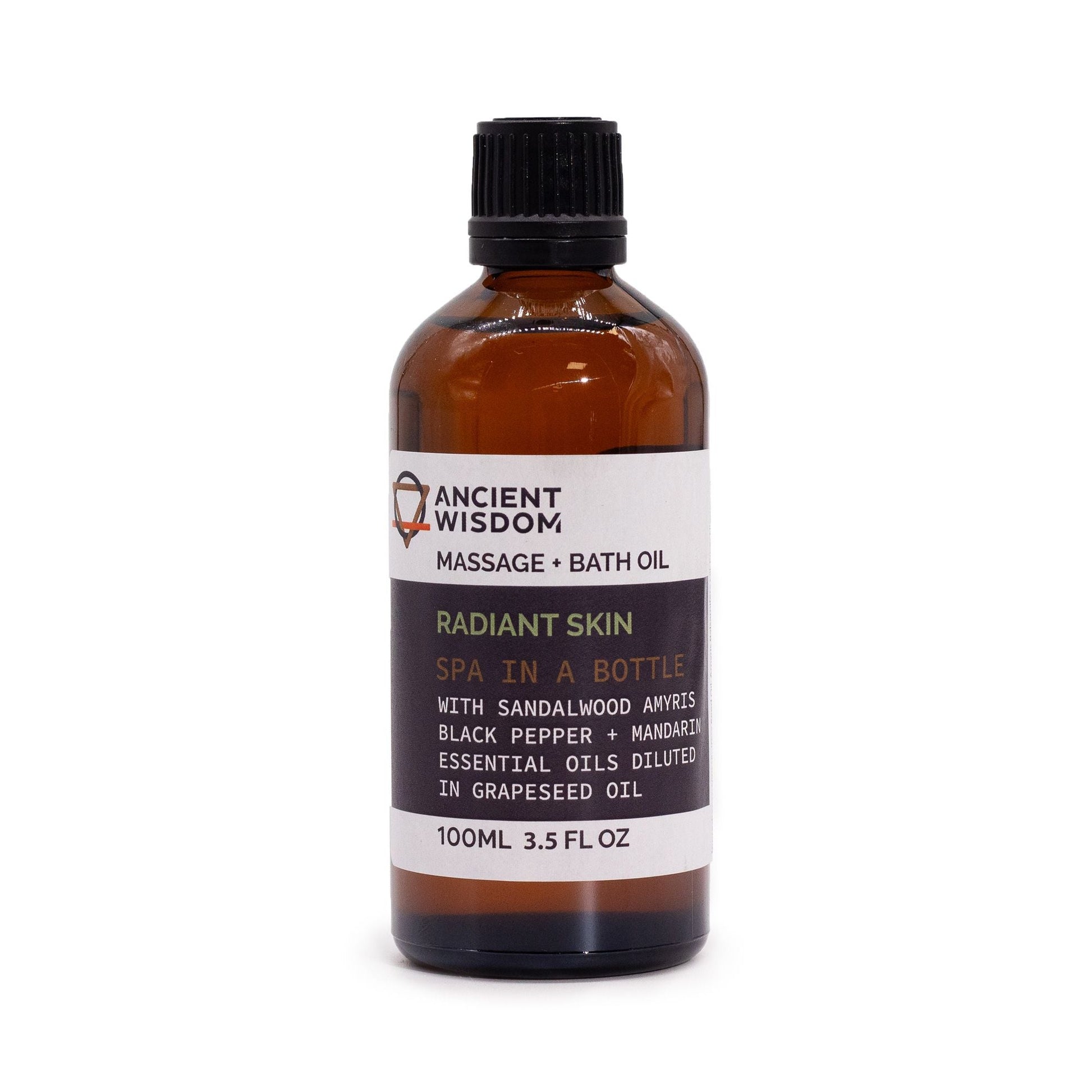 Alt Tag: Sandalwood Glow Massage Oil – 100ML 100 ml aromatisk massageolja på flaska med svart lock, för mjuk och återfuktad hud
