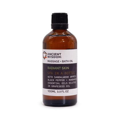 Alt Tag: Sandalwood Glow Massage Oil – 100ML 100 ml aromatisk massageolja på flaska med svart lock, för mjuk och återfuktad hud