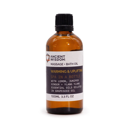 Alt Tag: Warm & Uplifting Massage Oil – 100ML amber bottle massage + bath oil with lemon, juniper, ginger & ylang ylang in grapeseed oil