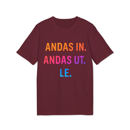 Alt Tag: Andas Andas Ut Le Budskap 100% Organic Cotton T-Shirt burgundy crewneck tee with multicolor “ANDAS IN. ANDAS UT. LE.” text