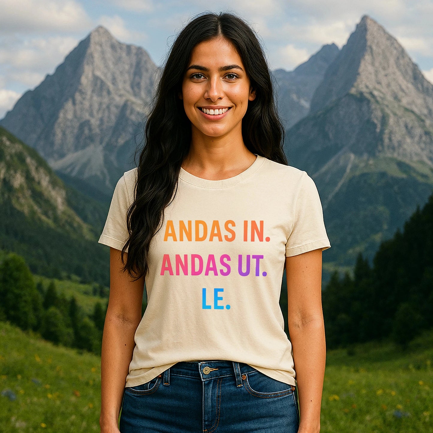 Andas Andas Ut Le Budskap 100% Organic Cotton T-Shirt worn by woman, beige tee with “ANDAS IN. ANDAS UT. LE.” text