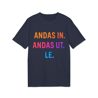 Alt Tag: Andas Andas Ut Le Budskap 100% Organic Cotton T-Shirt in navy with multicolor “ANDAS IN. ANDAS UT. LE.” front text