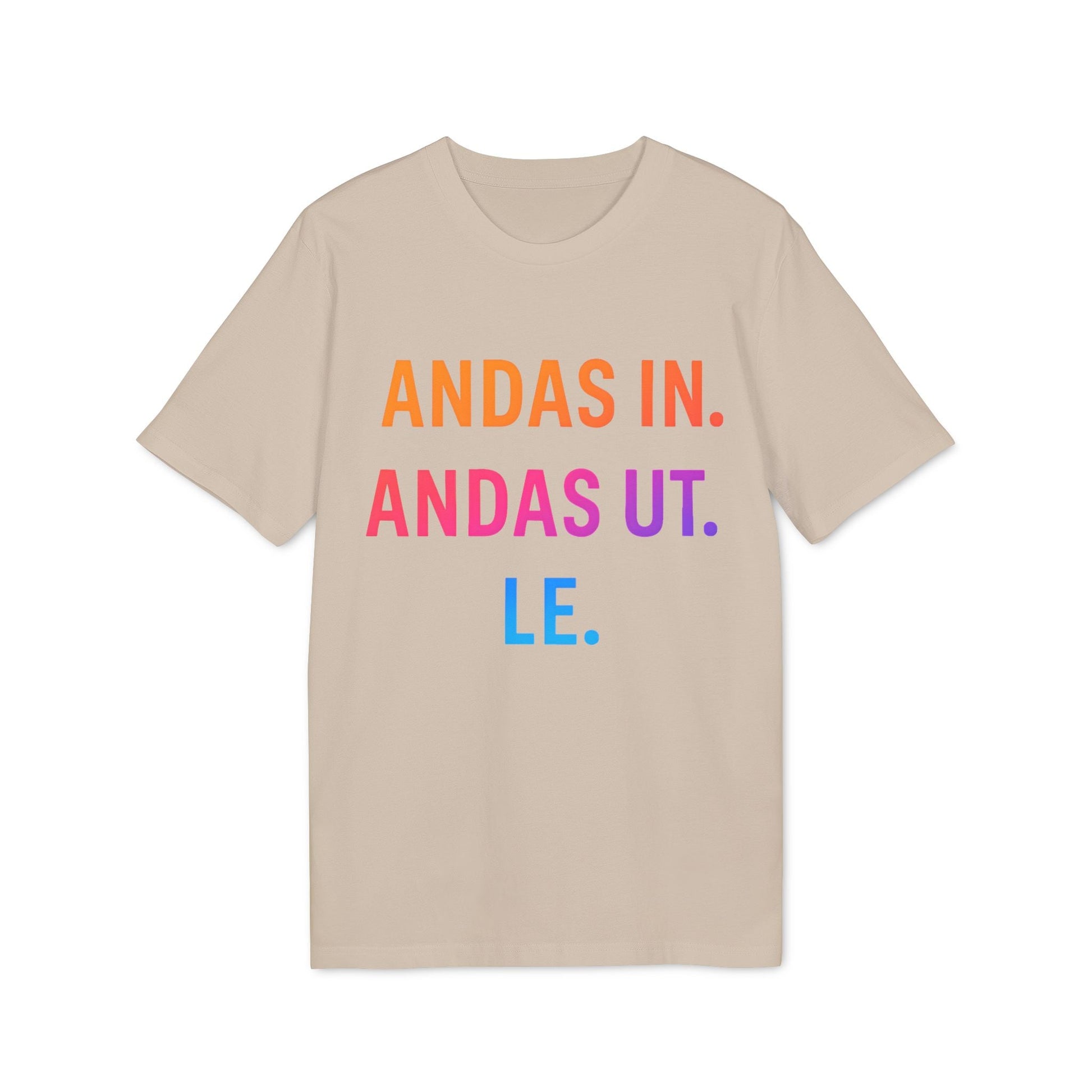 Alt Tag: Andas Andas Ut Le Budskap 100% Organic Cotton T-Shirt beige crewneck with colorful text print ANDAS IN ANDAS UT LE