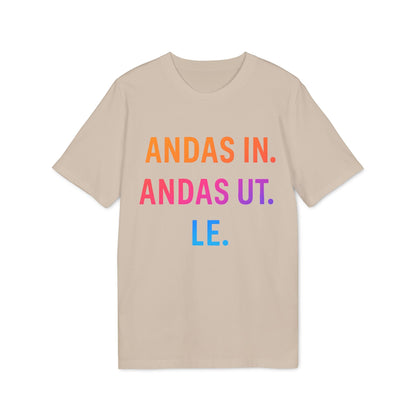 Alt Tag: Andas Andas Ut Le Budskap 100% Organic Cotton T-Shirt beige crewneck with colorful text print ANDAS IN ANDAS UT LE