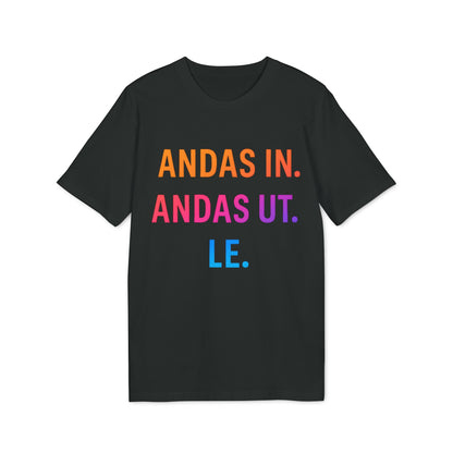 Andas Andas Ut Le Budskap 100% Organic Cotton T-Shirt black tee with colorful “ANDAS IN. ANDAS UT. LE.” text