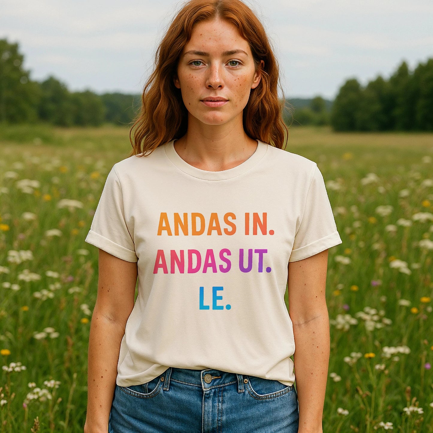 Andas Andas Ut Le Budskap 100% Organic Cotton T-Shirt with “ANDAS IN. ANDAS UT. LE.” text, worn by woman outdoors
