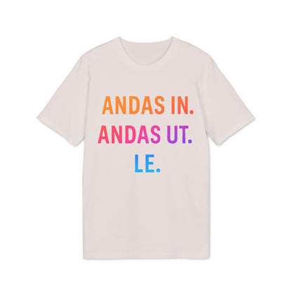 Andas Andas Ut Le Budskap 100% Organic Cotton T-Shirt beige tee with colorful ANDAS IN. ANDAS UT. LE. front print