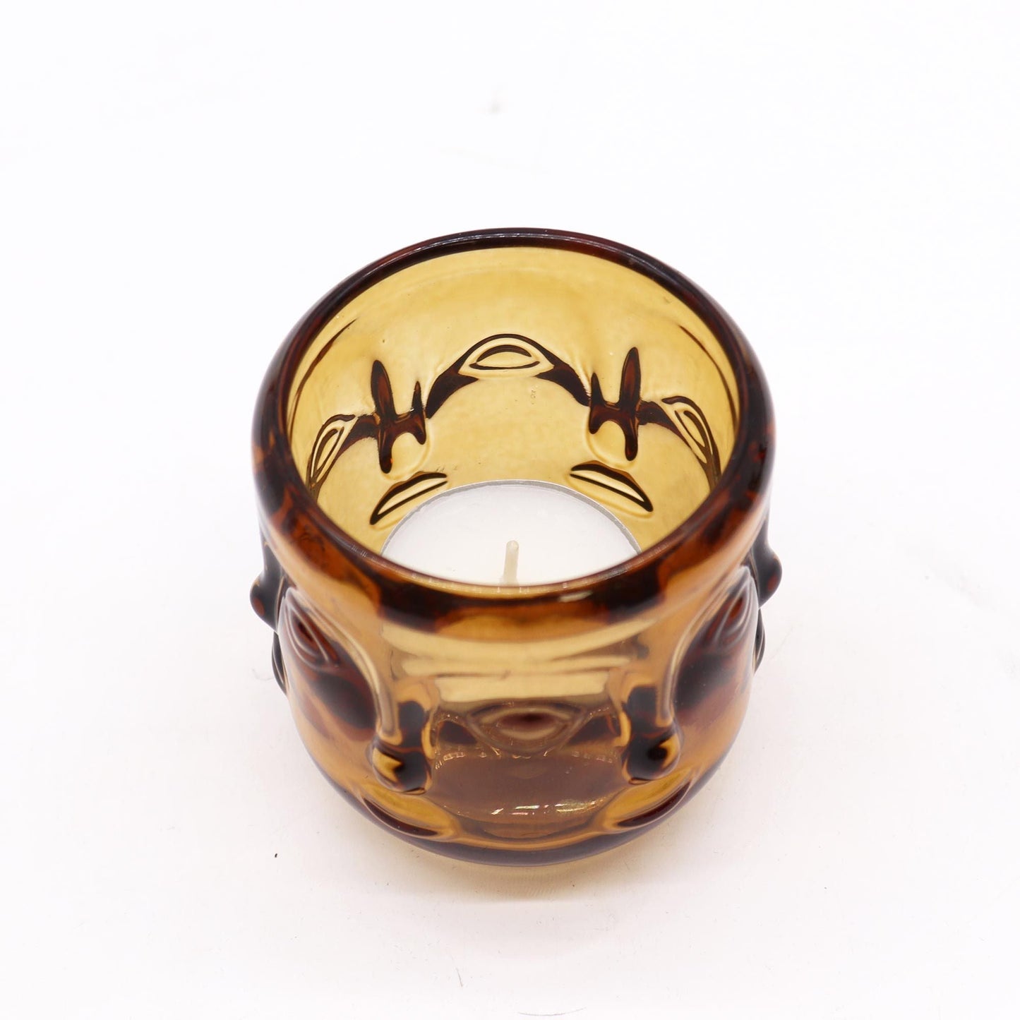 Antique Amber Buddha Face Candle Jars – Set of 2 pressed glass amber Buddha face candle jar, 6.8x7.3 cm