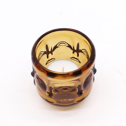 Antique Amber Buddha Face Candle Jars – Set of 2 pressed glass amber Buddha face candle jar, 6.8x7.3 cm