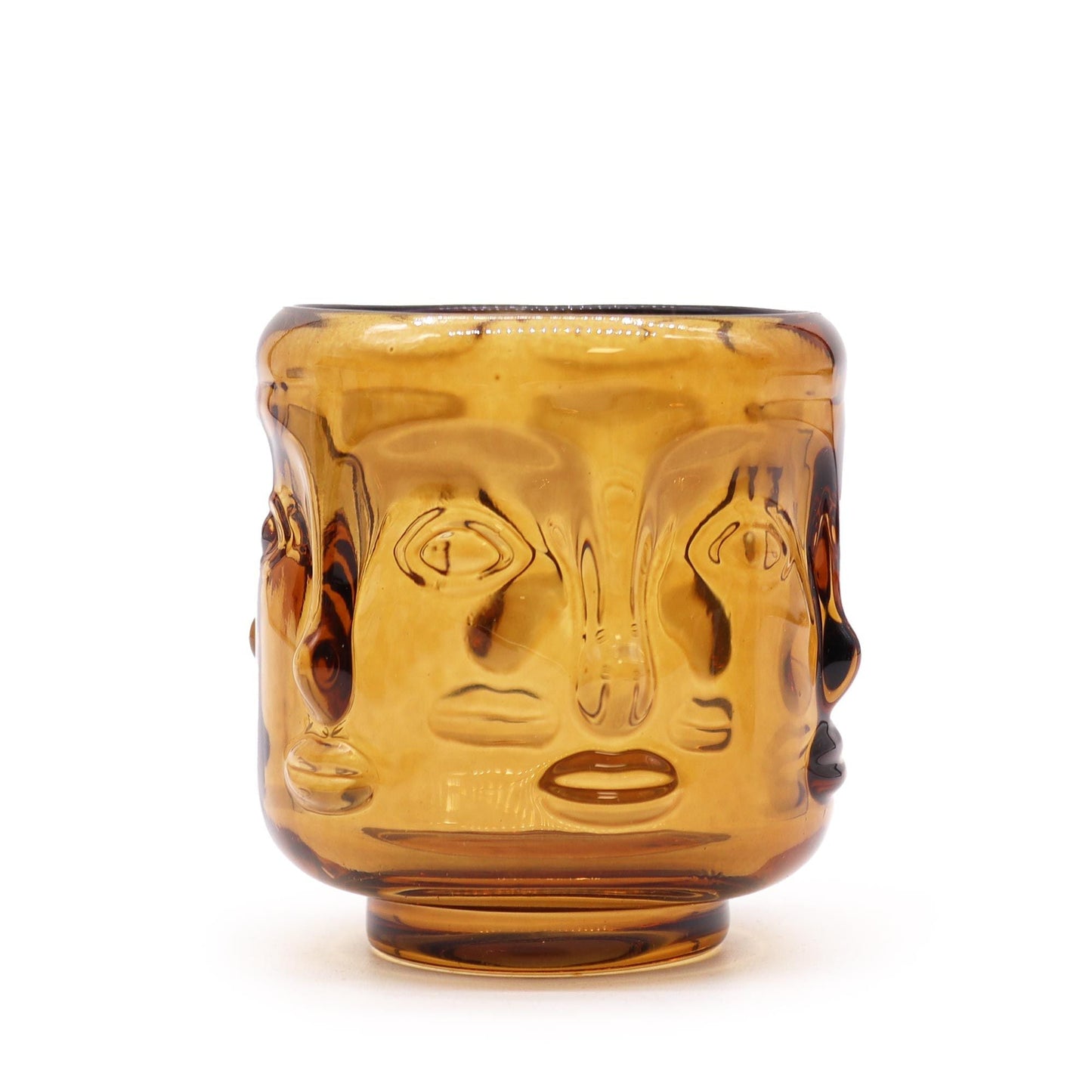 Antique Amber Buddha Face Candle Jars – Set of 2 pressed glass amber candle jar with Buddha face design, 6.8x7.3 cm