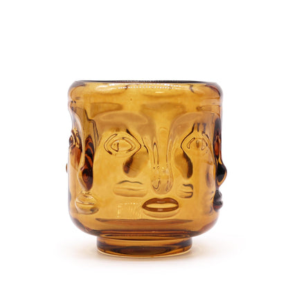 Antique Amber Buddha Face Candle Jars – Set of 2 pressed glass amber candle jar with Buddha face design, 6.8x7.3 cm