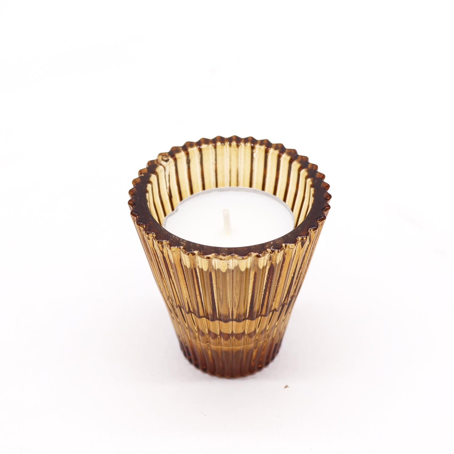 Portavelas de vidrio ámbar antiguo – Set de 2 portavelas de vidrio prensado, diseño acanalado en ámbar para vela tealight o vela de mesa