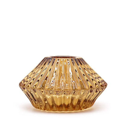 Alt Tag: Portavelas de vidrio ámbar antiguo – set de 2, portavelas acanalado de vidrio ámbar prensado para velas de cena o tealights, 7x4 cm