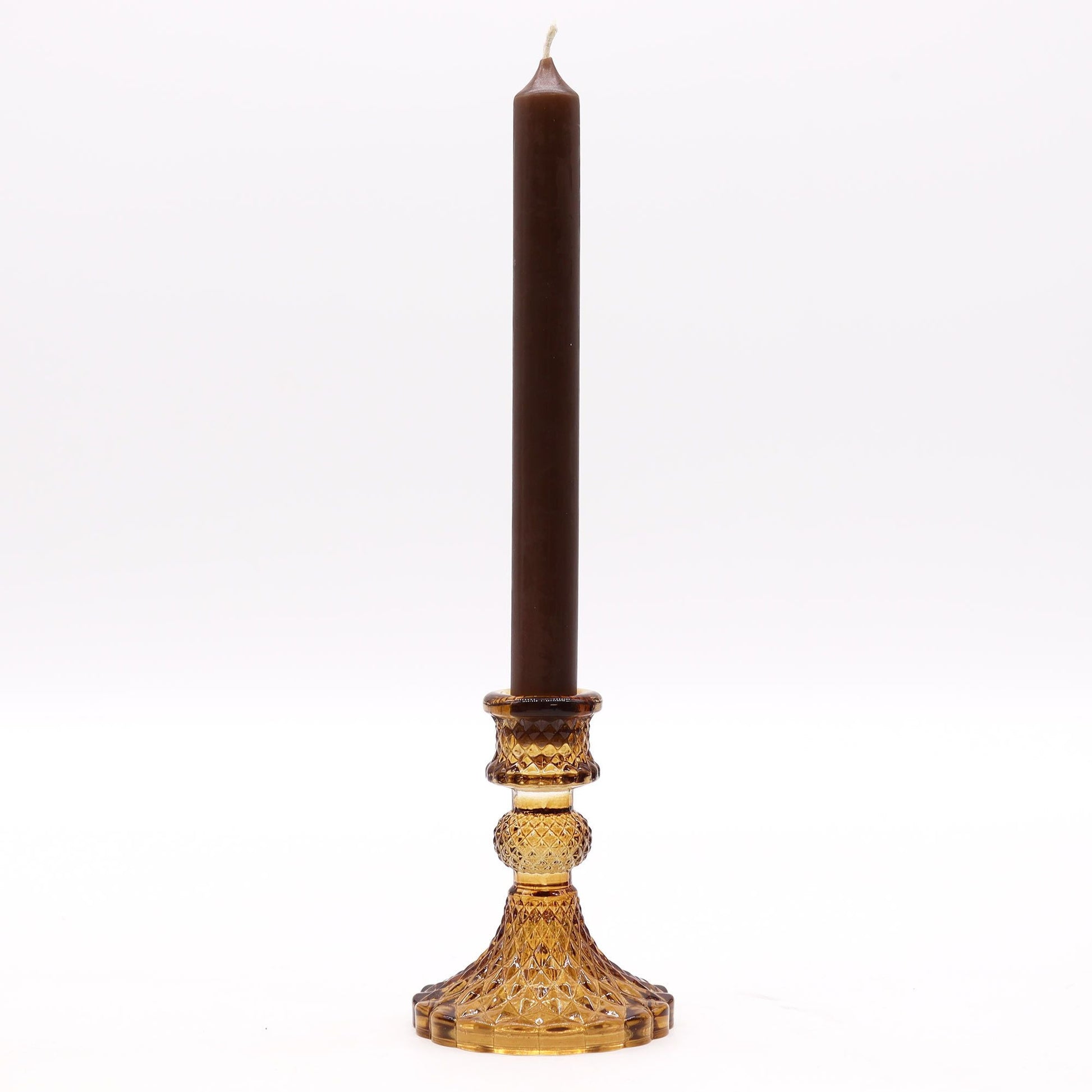 Portavelas de cristal ámbar antiguo – Set de 2, 10x8 CM con portavelas de cristal prensado ámbar y vela cónica alta, decoración vintage para mesa